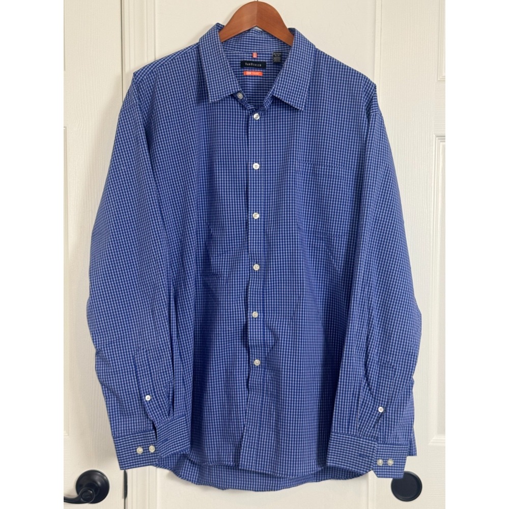 Van Heusen Traveler Dress Shirt XXL 18-18.5 Blue Plaid Button Front